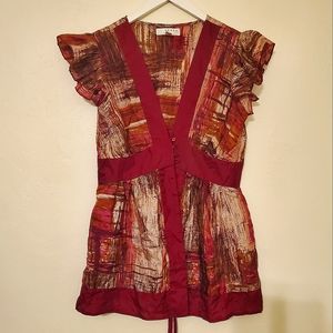 Kenar 100% Silk Peplum Style Blouse Fall Colors Burgundy Brown Beige